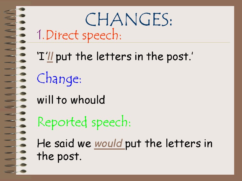 CHANGES: 1.Direct speech: ‘I’ll put the letters in the post.’ Change: will to whould